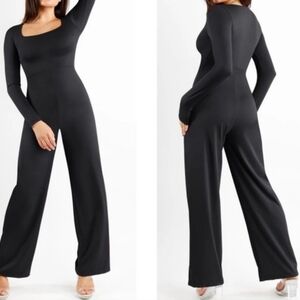 Popilush The Shapewear Black Jumpsuit Square Neck Wide-Leg Long Sleeve 